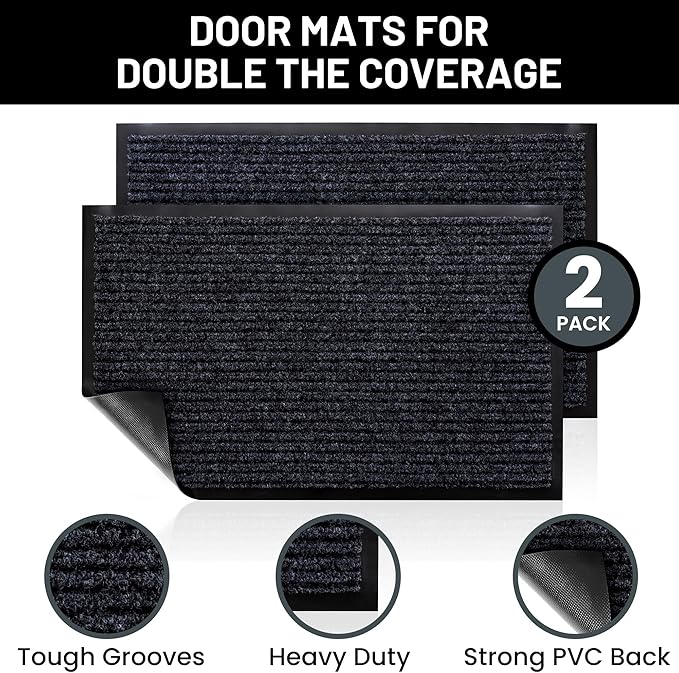 Sierra Concepts Front Door Mat Welcome Floor Mats - Entryway Indoor Outdoor Entrance Doormat, Patio, Porch, Muddy Shoe, Inside Outside Low Profile, 30x17 inches, 2-Pack Gray