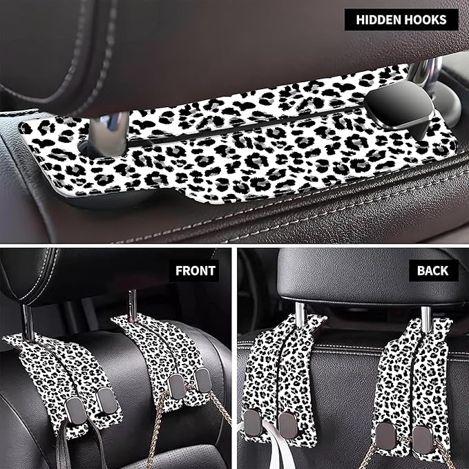 AEWNUNK 1 Pack Car Seat Headrest Hooks for Purses Abstract Black and Grey Leopard Bag Purse Holder for Car with Double Metal Hooks Car Purse Hanger Hanging Accessories