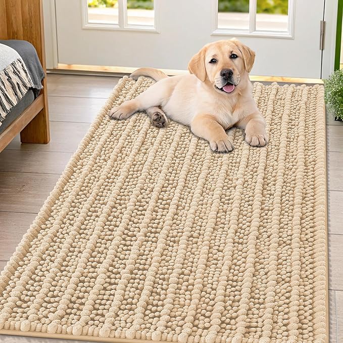 Smiry Dog Door Mat for Muddy Paws 47x32, Extra Soft Absorbent Chenille Doormat, Trap Moisture and Dirt, Non-Slip Machine Washable Front Door Mat for Indoor Entrance Inside Floor, Beige