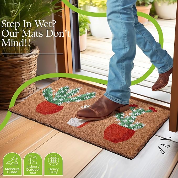 COCONIQ Coir Door Mats 17" X 30", Non-Slip Sturdy, PVC Backed Heavy Duty, Easy to Clean, Ideal for Door Entrance, Patio, Porch, Backyard, Garages, Sparkling Cactus
