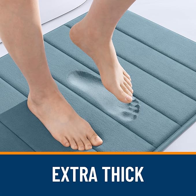 OLANLY Memory Foam Toilet Rugs U Shaped 24x20, Super Soft Absorbent Contour Bath Rugs, Quick Dry, Machine Washable Toilet Mat, Bathmat Floor Carpet, Bathroom Home Decor Accessories, Airy Blue