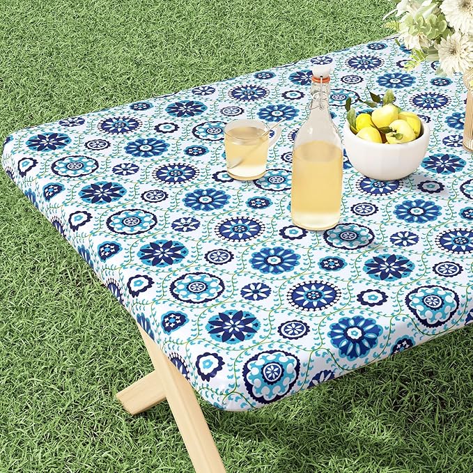 misaya Rectangle Vinyl Tablecloth, Fitted Table Cover, 100% Waterproof, Elastic Edge, Flannel Backing, Table Cloth Fit Folding Tables for Picnic, Outdoor (Navy Mandala, 24x48 inch)