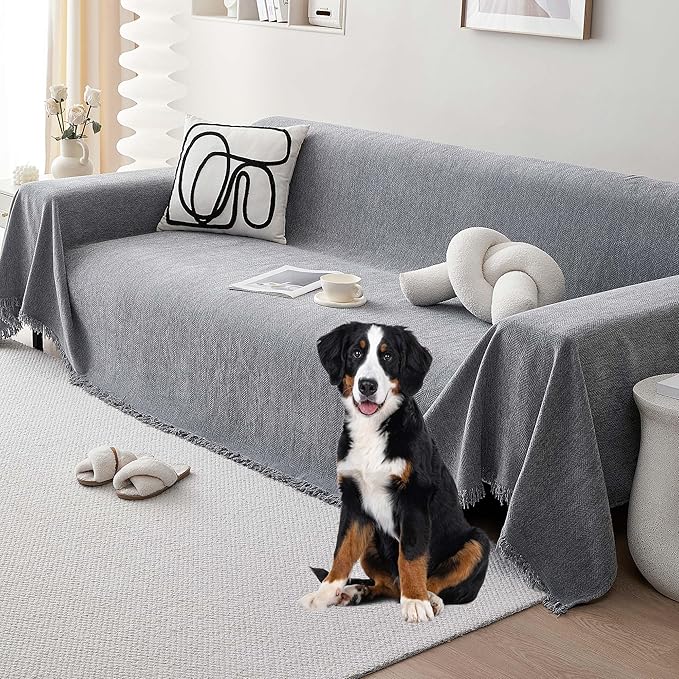 Chenille Couch Cover for 3 Cushion Sofa Pet Friendly Furniture Covers, Boho Sofa Covers Washable L Shape 3 Seater Couch Cover, 71"x 150", Grey