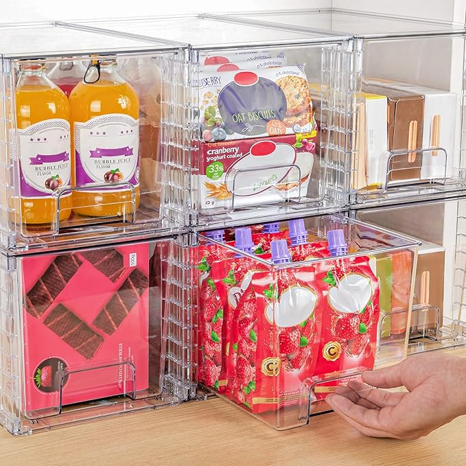 Vtopmart 4 Pack Large Stackable Storage Drawers,Easily Assemble Acrylic Bathroom Closet Undersink Organizers and Storage,Plastic Bins for Kitchen Cabinets,Pantry,Makeup,Medicine Organization
