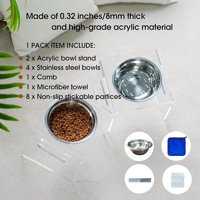 Tilted Raised Elevated Food and Water Bowls Stand for Medium or Large Dogs - Puppy's Clear Acrylic Stainless Steel Dishes Holder for Boy or Girl Pet, Modern, Durable and Easy to Clean (Large-Clear)