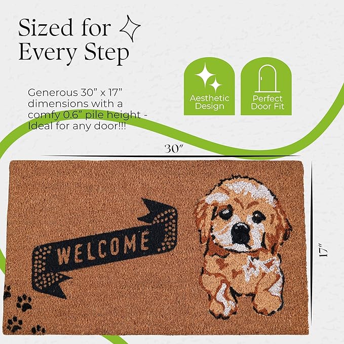 COCONIQ Coir Door Mats 17" X 30", Non-Slip Sturdy, PVC Backed Heavy Duty, Easy to Clean, Ideal for Door Entrance, Patio, Porch, Backyard, Garages, Cute Little Puppy Welcome
