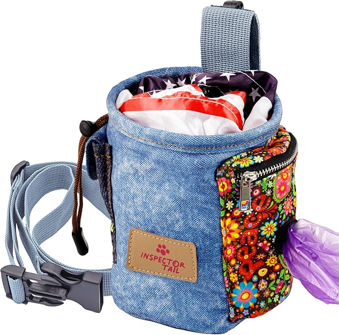 INSPECTOR TAIL Dog Treat Pouch w Drawstring to Prevent Spills | 2 Cup Tote | Hands Free w 4 Ways to Wear Puppy Bag w Pockets for Snacks Poop Bags Keys & Cards | Pet Training Walking & Rewarding Holder