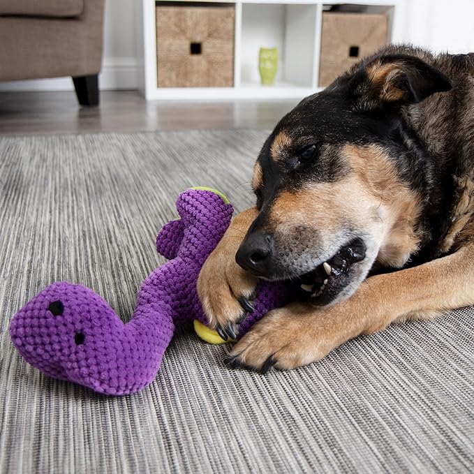 goDog Dinos Bruto Checkers Tough Plush Toy with Chew Guard Technology, Durable Checkered Fabric & Squeaker for Active Play, Purple, Large