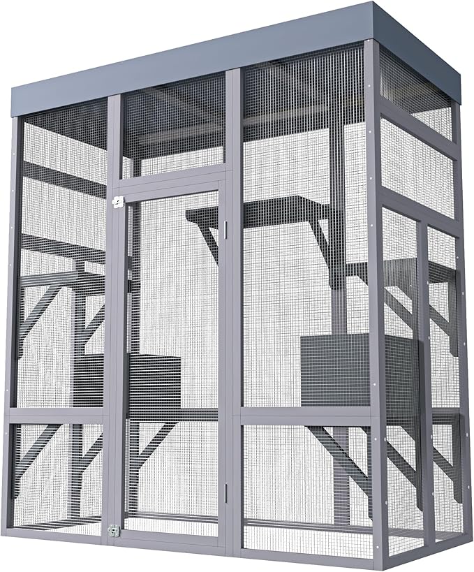 LOVMOR 62.6" Wooden Outdoor Catio for Cats, Large Cat Enclosure with Waterproof Roof, 2 Napping House, Platforms & Rust-Proof Wire – Secure Pet Cage for Backyard or Patio