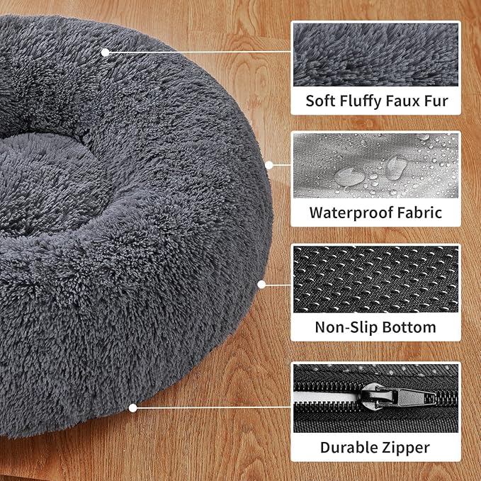 OhGeni Calming Donut Cat Bed Pillow for Small Pets, Machine Washable Removable Cover, Comfort Plush Fluffy Faux Fur with Anti-Slip Bottom, Dogs-Friendly Round Cuddly Design, Gray, 20 inches