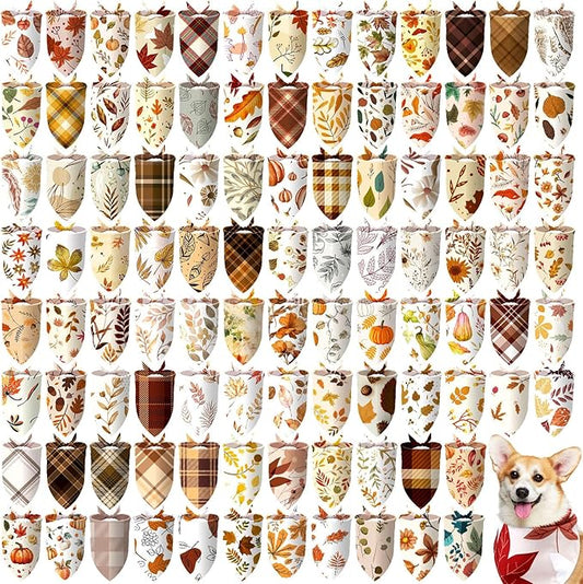 100 Pcs Fall Dog Bandanas Bulk Thanksgiving Pet Bibs Triangle Scarf Autumn Pet Bandanas for Medium Large Dogs Fall Autumn Harvest Festival Thanksgiving Costume Decor