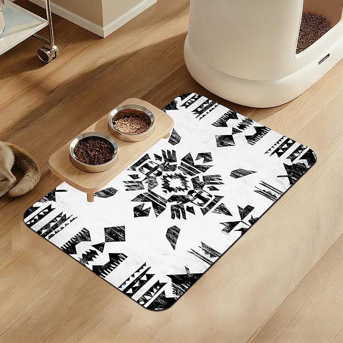 Black Boho Art Dog Food Mat–Absorbent Quick Dry Feeding Placemat for Food and Water Bowls, Non Slip Rubber Backing, Waterproof Pet Supplies for Mess-Free Eating 12"x20"