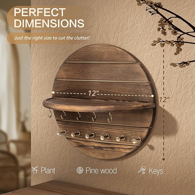 Rebee Vision Pine Wood Key Holder Wall Mount – Rustic Wooden Key Hooks for Wall with Shelf – Decorative Mail Organizer, Coat Rack & Dog Leash Holder for Home Decor, Entryway and Living Room (Brown)