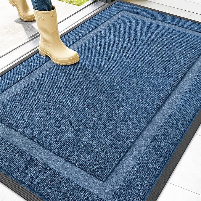 OLANLY Front Door Mat Indoor Outdoor Entrance, Waterproof All-Season, All-Weather Doormat, Sturdy Natural Rubber, Fade Resistant, Low Profile, Easy Clean Patio Porch Entryway Mat, 47x32, Light Blue