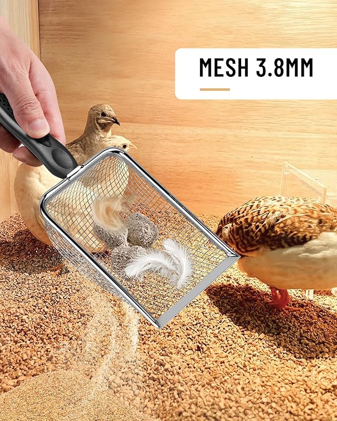 KOROI Chicken Poop Scooper - 2 Pack Chicken Coop Poop Scoop Shovel with 3.8mm & 5mm Mesh,Metal Chicken Coop Cleaning Tool,Sifting Rake for Chicken Litter, Sand, Chicken Coop Supplies