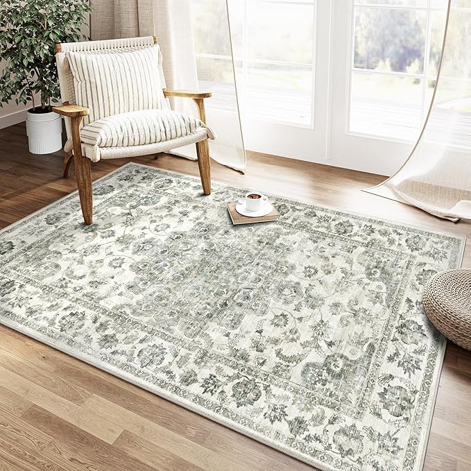 3x5 Washable Neutral Area Rug Green Vintage Entryway Office Carpet Non-Slip Soft Low Pile Farmhouse Throw Rug for Entrance Living Room Bathroom Dining Room
