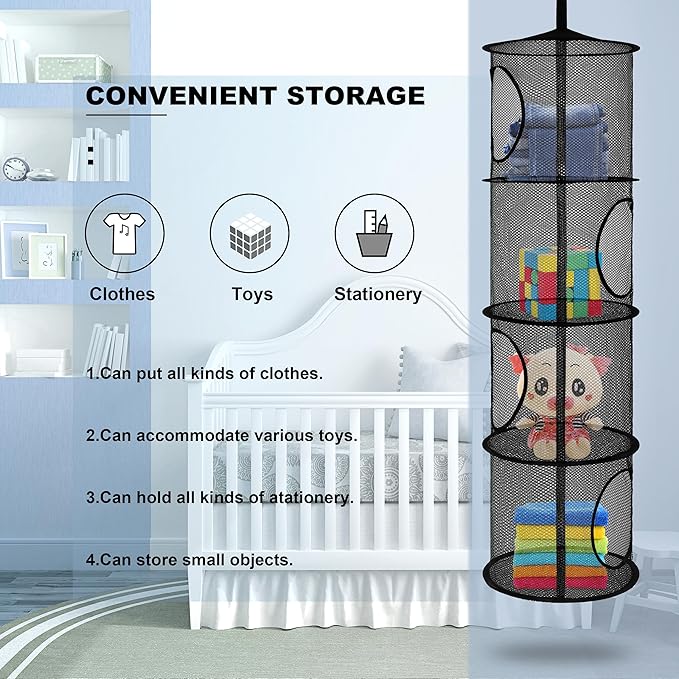 2Pcs Stuffed Animal Storage Organizer Foldable Stuffed Animal Net or Hammock Organizer, 4 Compartments Hanging Mesh Toy Storage Hammock for Kid Room Toys, Gloves, Hats, Socks(Black)