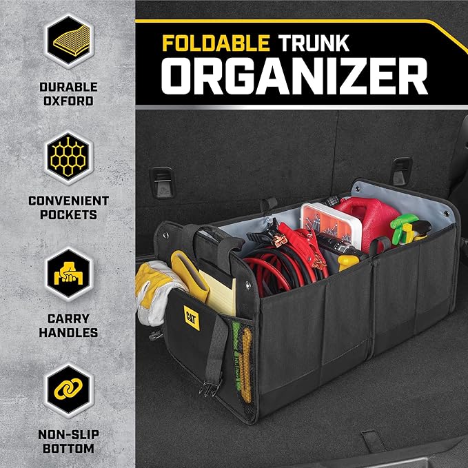 CAT FlexTrunk Car Trunk Organizer - Collapsible Dual-Compartment Storage - Black - 23"L x 14.5"W x 13"H