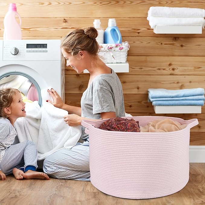 XUANGUO Extra Large Cotton Rope Basket Blankets Basket Living Room 22"x14" Toy Baskets for Kids Dogs Storage Baskets for Nursery Woven Laundry Baskets for Clothes Towels Baby Toy Storage Round pink