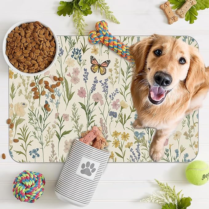 Wildflowers Dog Cat Food Mat,Vintage Botanical Garden Plants Herb Butterfly Absorbent Pet Feeding Mat for Food and Water,Non-Slip Dog Bowl Mats Floor Protector 12"x20"