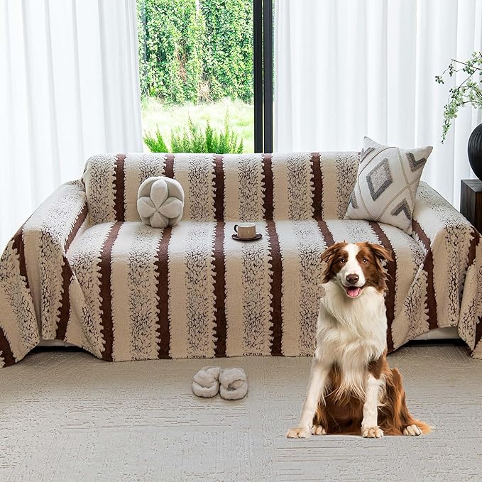 Sherpa Fleece Oversized Couch Cover for 3-4 Cushion Sofa, Brown 71" x 150" - Pet Proof Sofa Covers Heavy Duty Scratch Resistant Pet Friendly Furniture Cover - Easy Install, Machine Washable