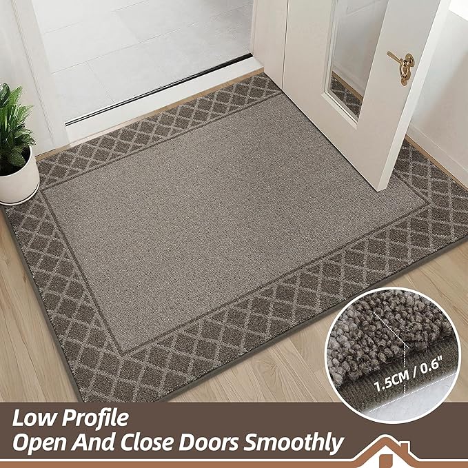 BEQHAUSE Door Mat Dirt Trapper Non Slip Entryway Rugs Absorbent Welcome Mat Low Profile Washable Front Door Mat for Muddy Paws,Entrance,Hallway, 20" x 32", Brown