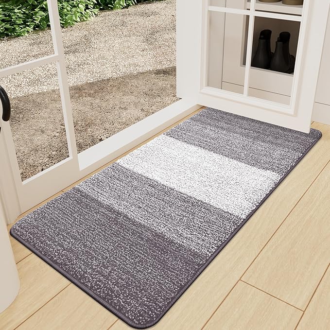 Kitinjoy Indoor Outdoor Door Mat, 59x24 Non-Slip Absorbent Dirt Trapper, Low-Profile Washable Inside Entrance Front Floor Mat, Sturdy Soft Entry Doormats for Entryway, Light Grey