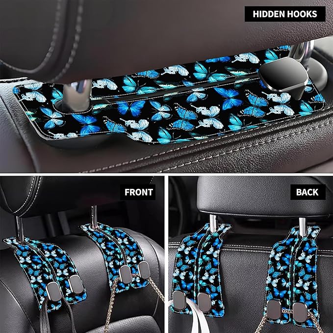 AEWNUNK Purse Hook for Car Watercolor Blue Butterflies 1 Pack Headrest Back Seat Hook Premium Leather Double Metal Hanger Storage Pack Bag Purse Holder Car Interior Accessories