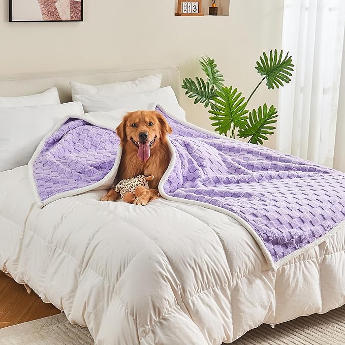 Yaning Checkered Waterproof Blanket for Bed Couch Sofa Car, Fluffy Soft Dog Blanket with 3D Jacquard Grid Pattern, Reversible Leakproof Pet Blankets for Dogs Cats Puppies, Lilac, 60"x80"