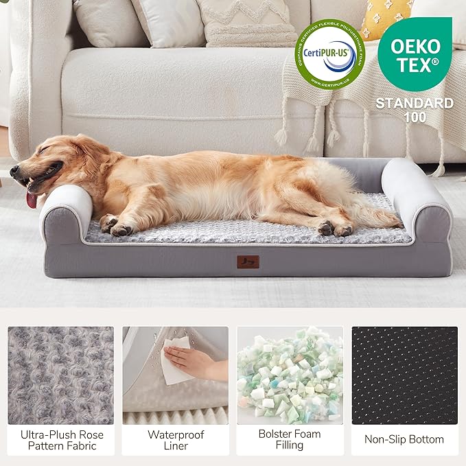 Orthopedic Dog Beds for Extra Large Dogs, Waterproof XL Pet Bed with Sides, Non-Slip Bottom and Egg-Crate Foam Large Pet Couch Sofa with Washable Removable Cover, Light Grey