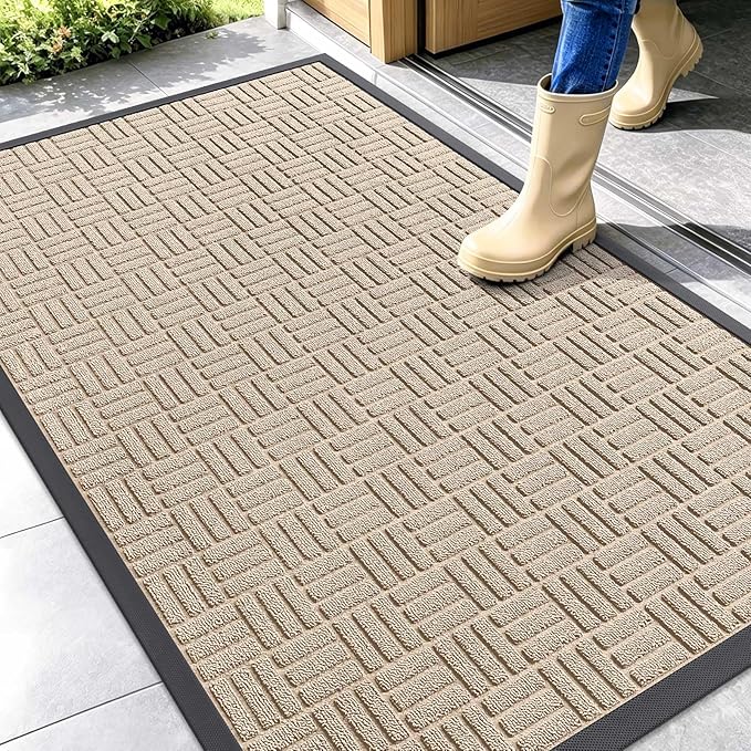 OLANLY Front Door Mat Outside Entrance 47x32, Absorbent, Heavy Duty Sturdy Natural Rubber Doormat Indoor Outdoor, Non-Slip, Stain and Fade Resistant, Low Profile Floor Mat for Entryway, Latte White