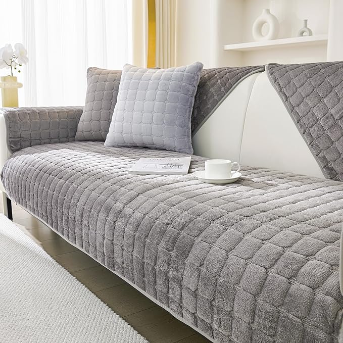 KaviKon Couch Cover Sofa Covers Washable, Velvet Fuzzy Sofa Slipcovers for 4 Cushion Couch, Non-Slip Furniture Protector for Dog Pet, L Shaped Recliner Sectional Couch Cover Grey,36"X94"(Only 1 Pcs)