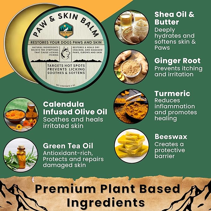 Trail Hound Dog Paw Balm – Natural Dog Paw Protector for Dry, Cracked Heels – Soothes Itchy Skin, Lick-Safe Paw Soother for Dogs – Nose Balm for Dry Snout & Paws, Softens & Repairs – 2oz