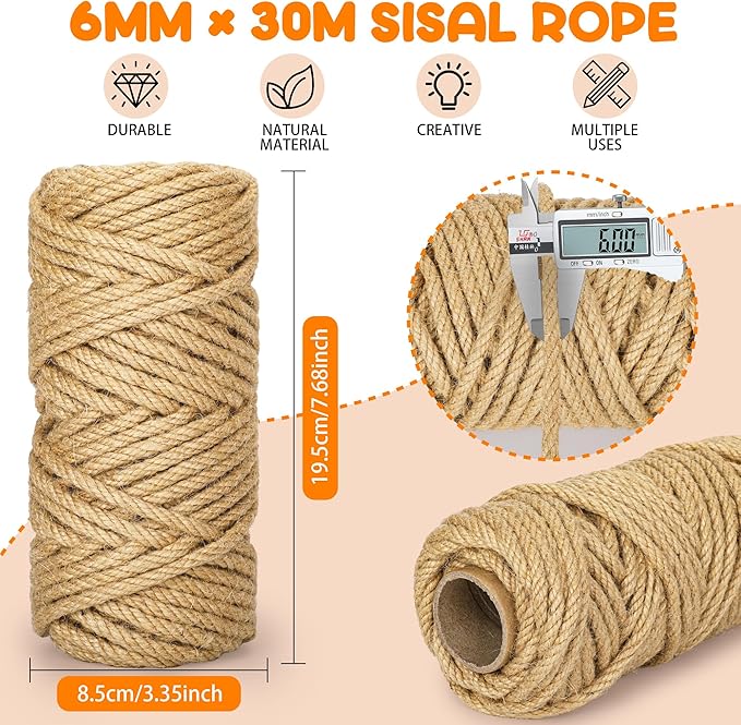 98FT/30M Cat Scratching Sisal Rope, 6mm Thick Natural Jute Rope for Scratch Posts, Cat Trees, DIY Projects, Sisal Rope for Scratcher with 2 Mouse Toys (Natural, 98ft)