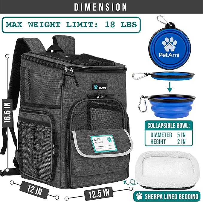 PetAmi Dog Backpack Carrier, Airline Approved 4-Way Entry Cat Backpack Carrier, Ventilated Mesh, Collapsible Pet Carrier for Small Puppy, Kitten, Hiking, Travel Car, Vet, up to 18 lbs, Charcoal Gray