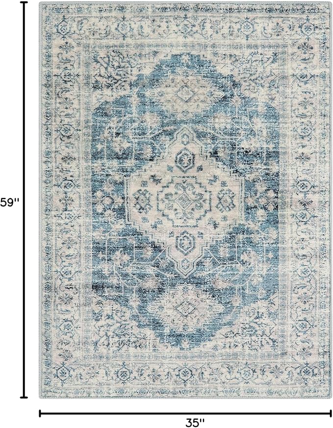 Lahome Oriental Area Rug, 3x5 Washable Rugs for Living Room Non Slip Entry Mat, Vintage Soft Pet Friendly Throw Carpet for Entryway Bedroom Dinning Room Eleanor, Blue