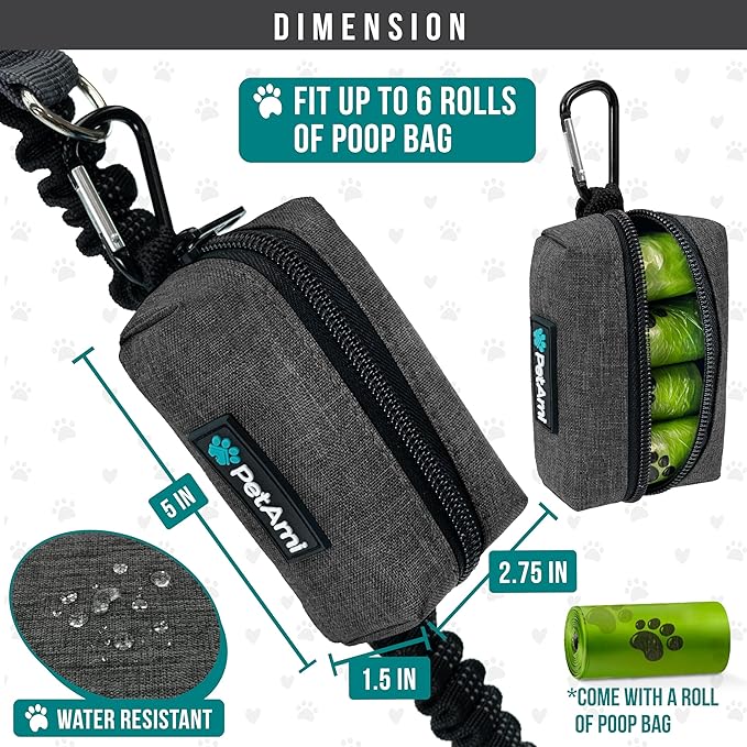 PetAmi Dog Poop Bag Holder for Leash, Dog Treat Pouch Leash, Pet Waste Bag Dispenser with Clip, Doggy Puppy Walking Accessories Supplies with 1 Dog Bag Roll (Charcoal Gray, 1 Pack)