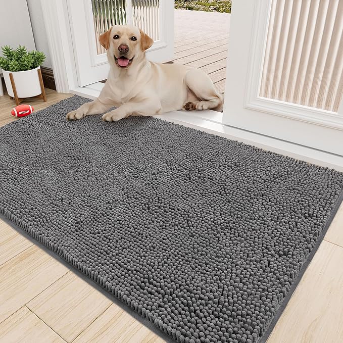 Amyracel Absorbent Dog Door Mat for Muddy Paws, 72" x 48" Non Slip Washable Door Mat Indoor Entrance, Quick Dry Chenille Pet Entry Rugs for Entryway Indoor, Grey