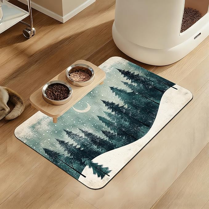 Mysty Winter Fores Pet Feeding Mat–Christmas Stocking Quick Dry Absorbent Dog Cat Food Mat, Non Slip Waterproof Bowl Placemat for Messy Eaters, Pet Accessories for Floors 12"x20"