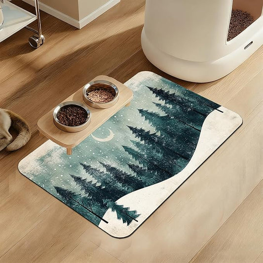 Mysty Winter Fores Pet Feeding Mat–Christmas Stocking Quick Dry Absorbent Dog Cat Food Mat, Non Slip Waterproof Bowl Placemat for Messy Eaters, Pet Accessories for Floors 12"x20"