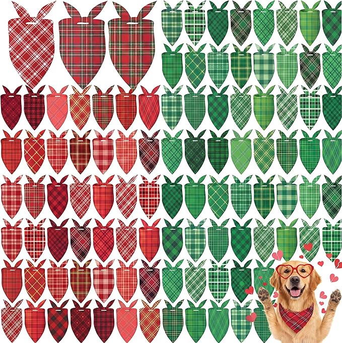 Abbylike 100 Pcs Valentine's & St. Patrick's Day Dog Bandanas Bulk Red & Green Plaid Bandanas for Dogs Triangle Kerchief Bib Scarf for Pet Holiday Costume Photo Props Accessories (31.5 x 21.7 x 21.7)