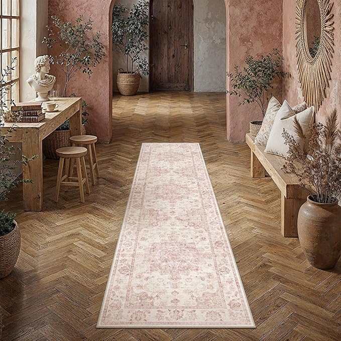 2x8 Washable Neutral Runner Rug Pink Vintage Hallway Kitchen Carpet Non-Slip Soft Low Pile Farmhouse Throw Rug for Bedroom Bathroom Laundry Living Room