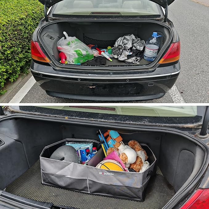 Collapsible Waterproof Car Trunk Organizer, Soft PVC Storage Bin with Rugged PVC-Coated Fabric for SUV & Truck (Stone Gray, PLUS)