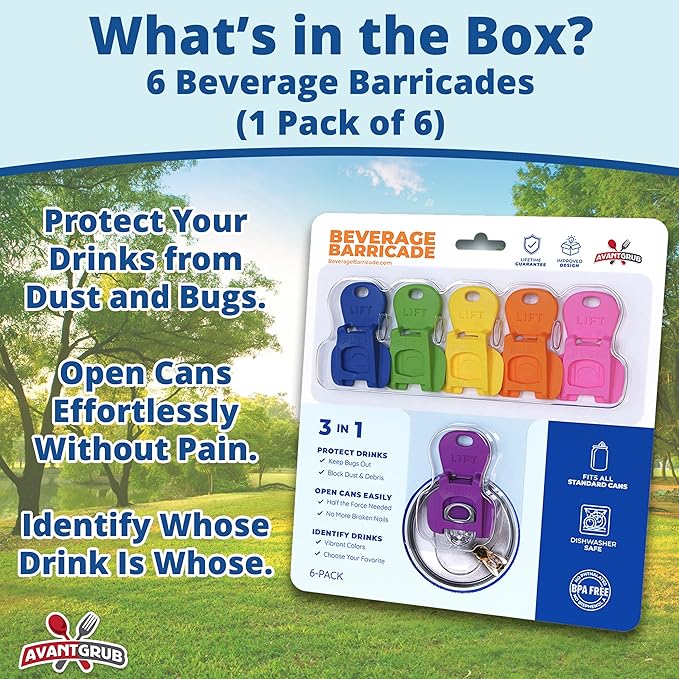 Complete Cover Easy Tab Opener New and Improved 6PK Beverage Barricade 2.0 by Avant Grub. Colorful Drink Can Protector Cap for Soda, Beer, Coke Shields From Bugs, Bees, Dust at the Party, BBQ, Beach