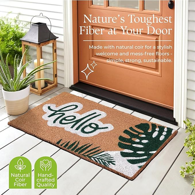 COCONIQ Coir Door Mats 17" X 30", Non-Slip Sturdy, PVC Backed Heavy Duty, Easy to Clean, Ideal for Door Entrance, Patio, Porch, Backyard, Garages, Hello - Green Leaves