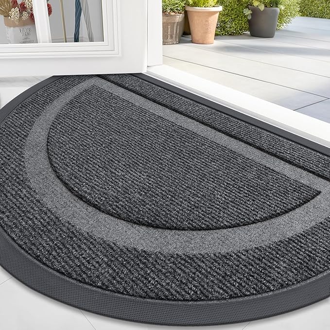 OLANLY Half Circle Door Mat Indoor Outdoor Entrance Welcome, Waterproof All-Season, All-Weather Doormat, Sturdy Natural Rubber, Low Profile, Easy Clean Patio Porch Entryway Mat, 35x23, Grey