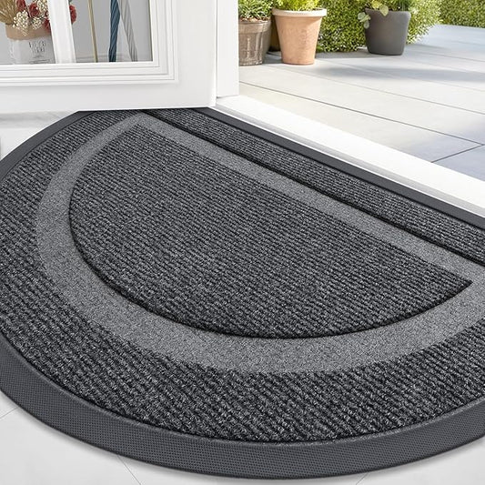 OLANLY Half Circle Door Mat Indoor Outdoor Entrance Welcome, Waterproof All-Season, All-Weather Doormat, Sturdy Natural Rubber, Low Profile, Easy Clean Patio Porch Entryway Mat, 35x23, Grey