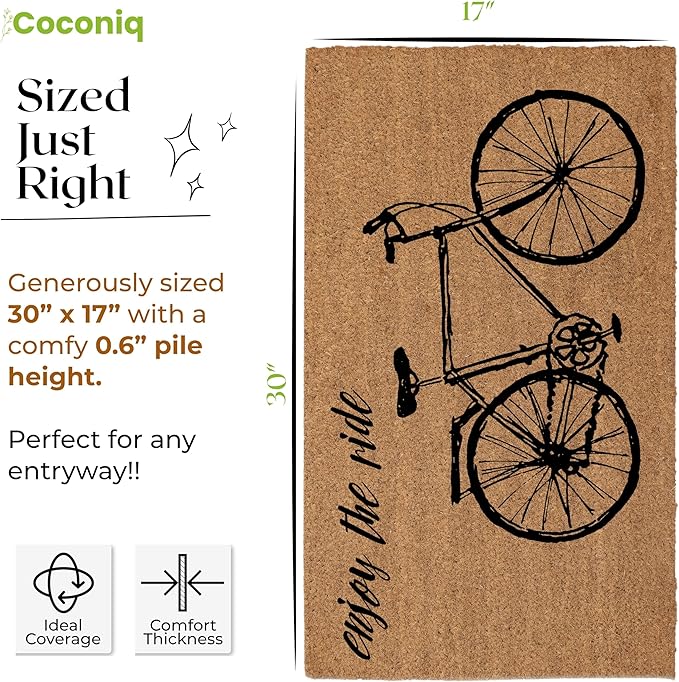 COCONIQ Coir Door Mats 17" X 30", Non-Slip Sturdy, PVC Backed Heavy Duty, Easy to Clean, Ideal for Door Entrance, Patio, Porch, Backyard, Garages, Enjoy The Ride Vintage Bicycle