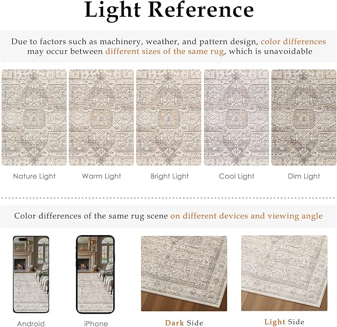 6x9 Washable Vintage Area Rug Beige Oriental Living Room Bedroom Throw Rug Neutral Non Slip Soft Low Pile Carpet for Dining Room Office Nursery Indoor