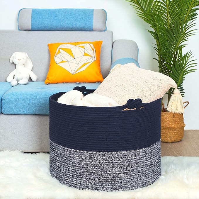 MINTWOOD Design Extra Large 22 x 16in Decorative Woven Cotton Rope Blanket Storage Basket Bin Living Room with Handles and Laundry Hamper for Pillows, Pool Towels, Dog Toys, Shoes, Navy Blue